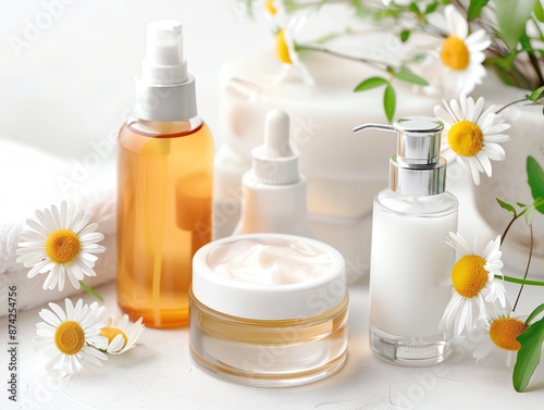 A set of skincare products with chamomile flowers.