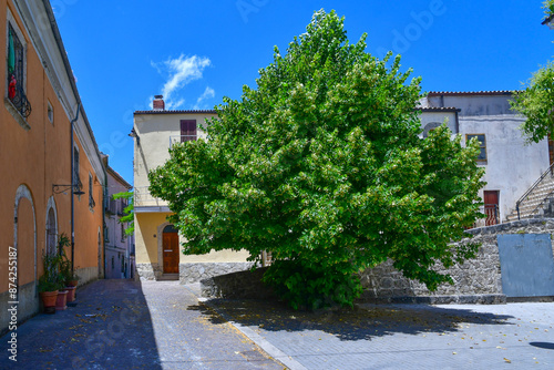 A narrow street between the old houses of Castel San Vincenzo in Molise, Italy.