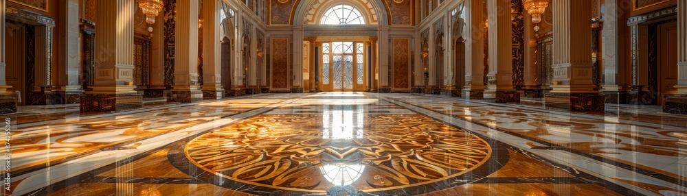 Obraz premium Elegant grand hall with ornate marble floors, high arches, and intricate details. Stunning architecture and luxurious ambiance.