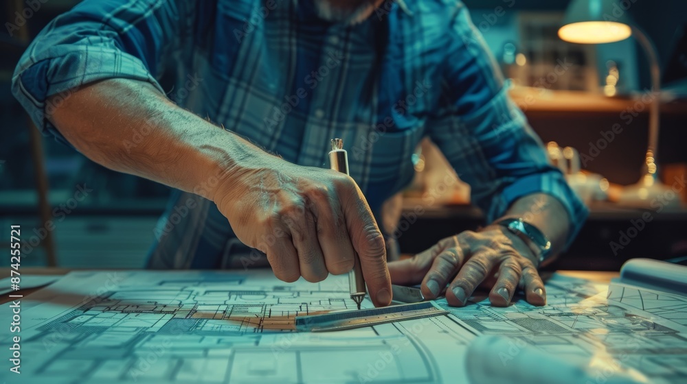 Close-up of an architect's hands drawing blueprints on a desk, showcasing detailed precision and creativity in a well-lit workspace.