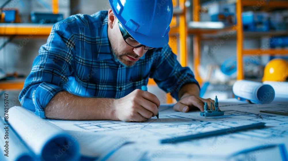 Engineer working on blueprint in office wearing blue hard hat, focused on drafting and design in industrial work environment. Engineer working on blueprint in office wearing blue hard hat, focused on drafting and design in industrial work environment.