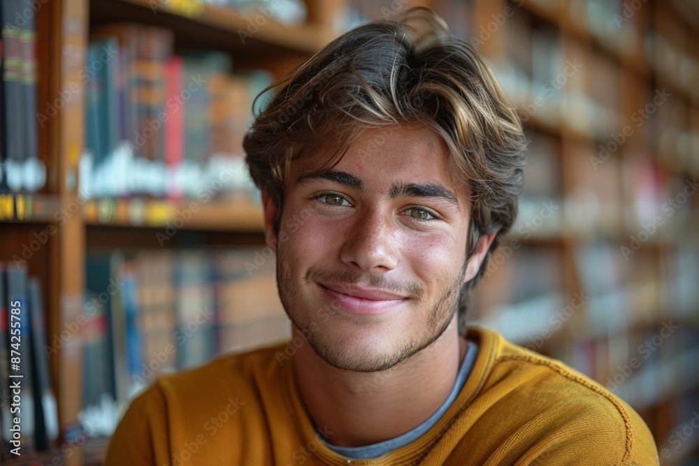Happy young student in library