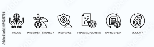 Wealth Management Banner Web Icon Vector Illustration Concept With Income, Investment Strategy, Insurance, Financial Planning, Savings Plan, Liquidity
