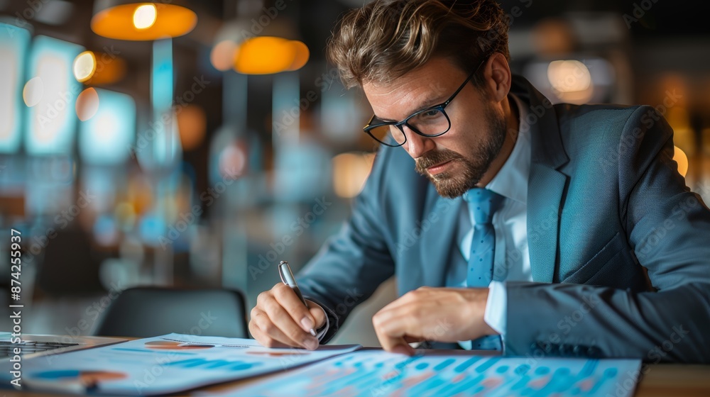 Focused businessman analyzing data and writing notes in a modern office setting with warm lighting. Focused businessman analyzing data and writing notes in a modern office setting with warm lighting.
