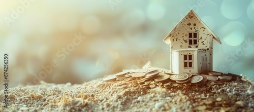 Illustration of a small house surrounded by coins on white rocks exposed to sunlight with a blurred background