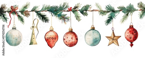 Festive watercolor Christmas ornaments hanging on a pine garland, perfect for holiday decor and seasonal celebrations.