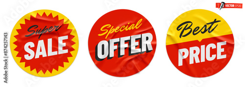 Vector realistic illustration of promotional round stickers on a white background.