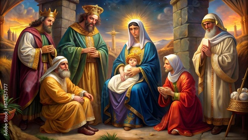 Illustration of the holy family and three kings photo