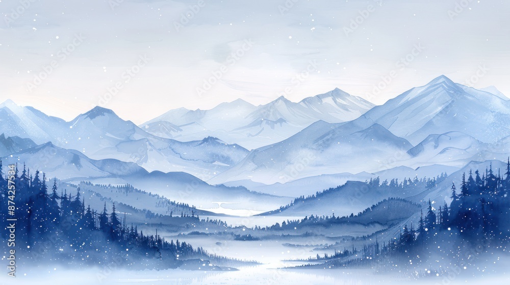Serene winter landscape with snowy mountains and pine forests under a cloudy sky, perfect for holiday and nature themes. Serene winter landscape with snowy mountains and pine forests under a cloudy sky, perfect for holiday and nature themes.