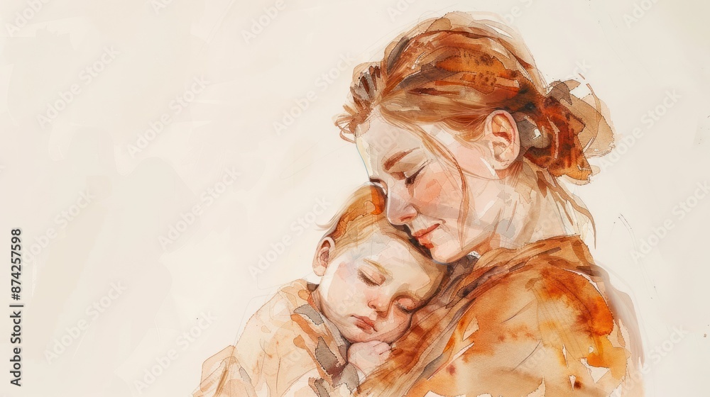 Tender watercolor painting of a mother lovingly embracing her sleeping baby, capturing a moment of pure affection and bond. Tender watercolor painting of a mother lovingly embracing her sleeping baby, capturing a moment of pure affection and bond.