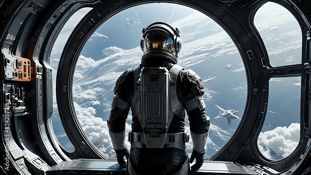 Astronaut looking out the window of a spaceship. Astronaut looking out the window of a spaceship.