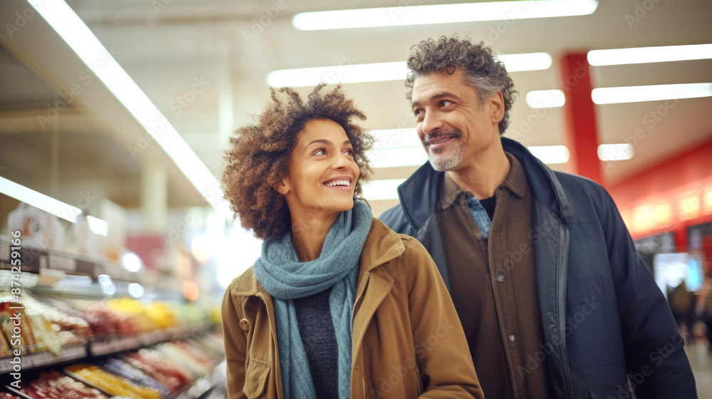 Obraz premium Middle aged couple shopping in grocery store aisle, soft focused background copy space