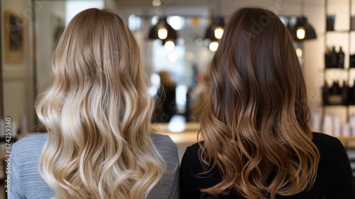 Fototapeta samoprzylepna Hairstyle ideas. Hair style is Balayage (Ombre, Highlighting, Sun Kiss). Woman Portrait in Hair Salon 