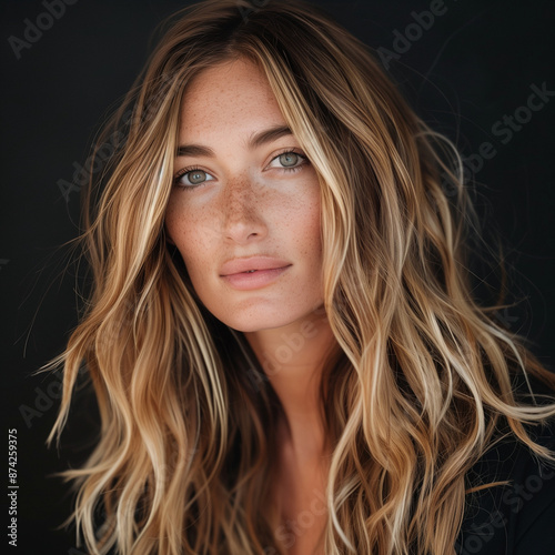 Hairstyle ideas. Hair style is Balayage (Ombre, Highlighting, Sun Kiss). Woman Portrait in Hair Salon 