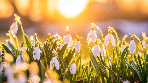 Snowdrops illuminated by the soft morning sun, signaling the arrival of spring with delicate white blossoms in a serene garden setting. photo