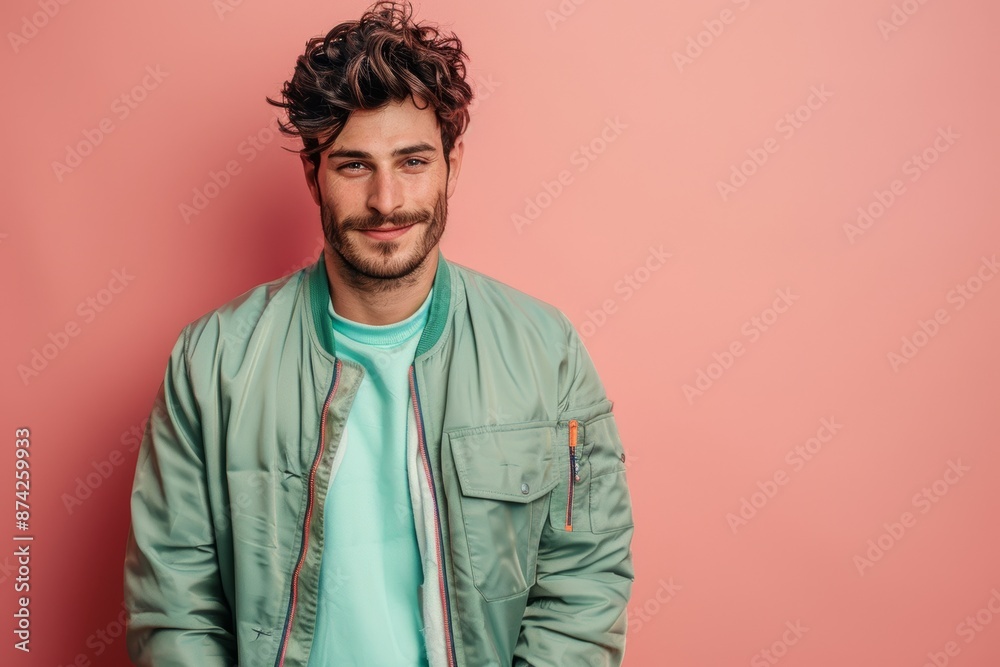 Portrait of a merry man in his 30s wearing a trendy bomber jacket isolated in pastel or soft colors background Portrait of a merry man in his 30s wearing a trendy bomber jacket isolated in pastel or soft colors background