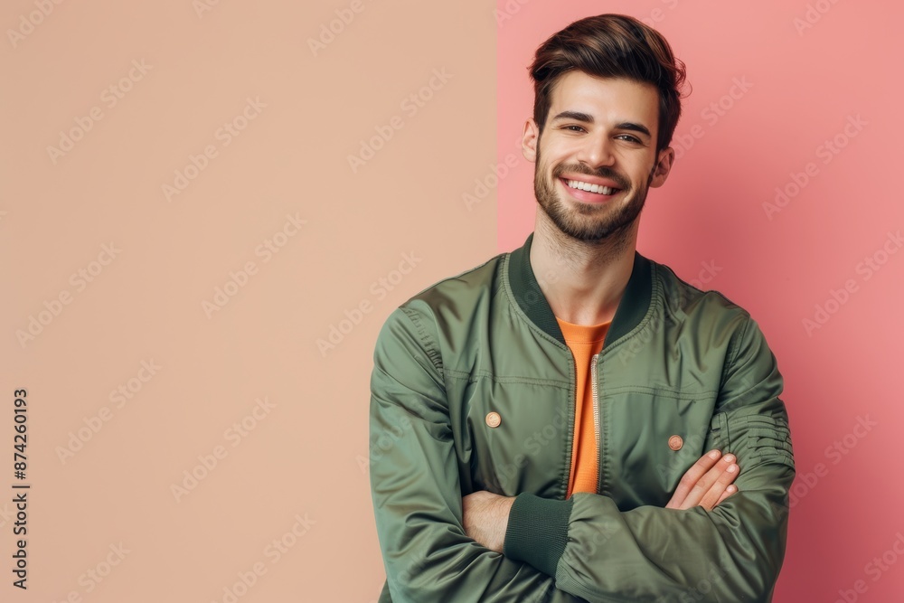 Portrait of a merry man in his 30s wearing a trendy bomber jacket while standing against pastel or soft colors background Portrait of a merry man in his 30s wearing a trendy bomber jacket while standing against pastel or soft colors background