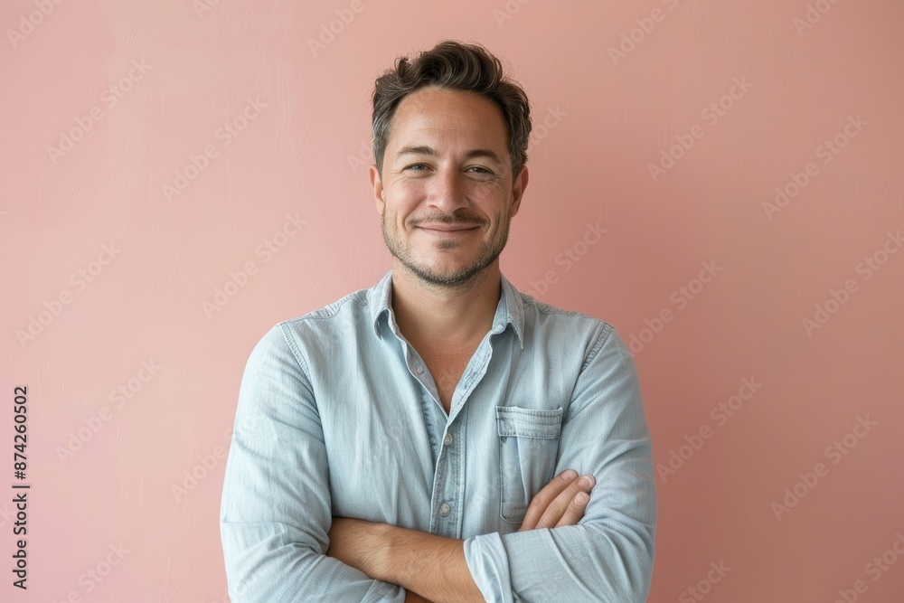 Portrait of a satisfied man in his 30s wearing a simple cotton shirt over pastel or soft colors background Portrait of a satisfied man in his 30s wearing a simple cotton shirt over pastel or soft colors background