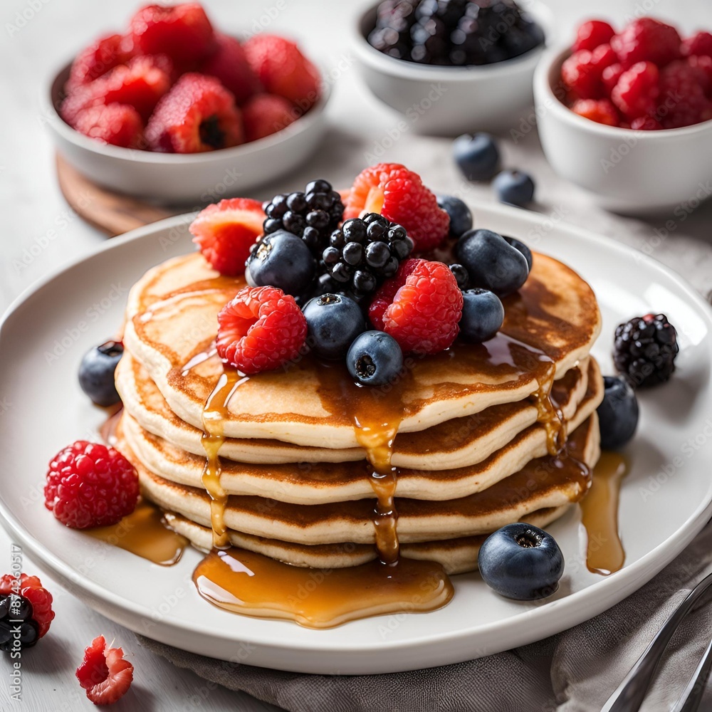 Fluffy Pancakes Topped with Fresh Berries and Maple Syrup
