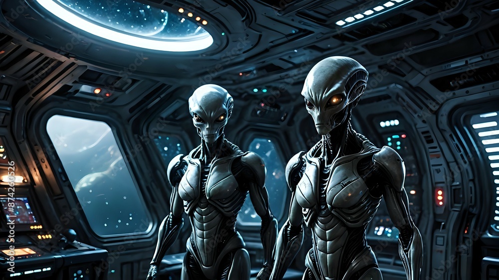 Two humanoid aliens with grey skin and large black eyes stand in the cockpit of a spaceship. Two humanoid aliens with grey skin and large black eyes stand in the cockpit of a spaceship.