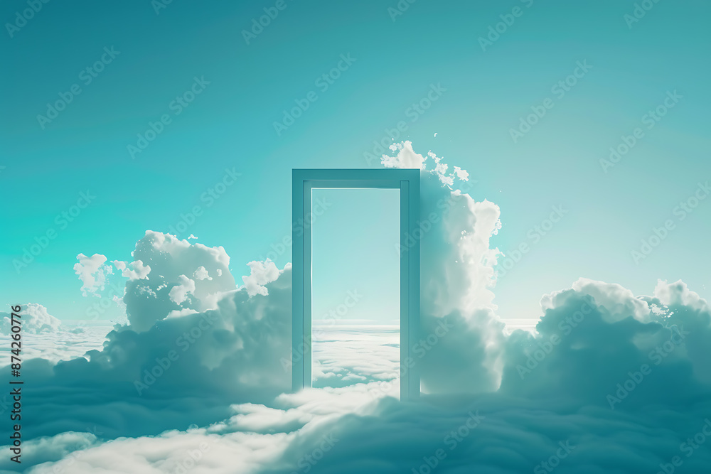 An open door stands in the middle of the sky, creating a surreal and dreamlike scene, symbolizing new opportunities and the unknown. An open door stands in the middle of the sky, creating a surreal and dreamlike scene, symbolizing new opportunities and the unknown.