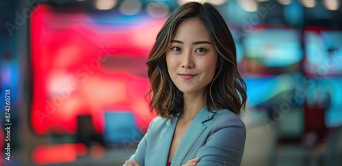 Confident Businesswoman Smiling With Arms Crossed in a Modern Office