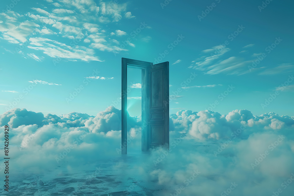 An open door stands in the middle of the sky, creating a surreal and dreamlike scene, symbolizing new opportunities and the unknown. An open door stands in the middle of the sky, creating a surreal and dreamlike scene, symbolizing new opportunities and the unknown.