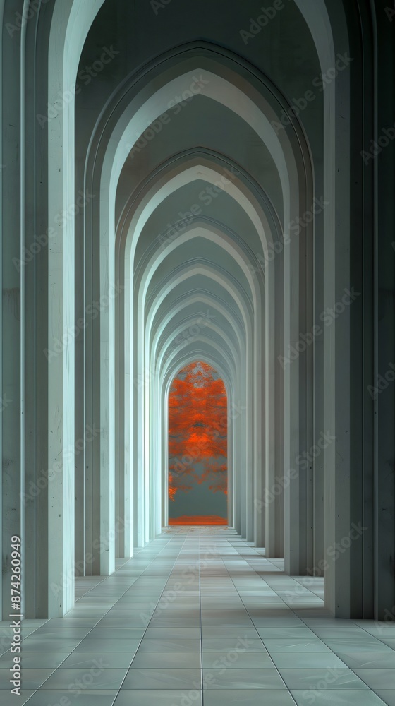 Walking through gothic arches, entering a tunnel to a red sky. Mesmerizing vertical architecture with light and shadow patterns. Empty corridor with columns leading to vanishing point Walking through gothic arches, entering a tunnel to a red sky. Mesmerizing vertical architecture with light and shadow patterns. Empty corridor with columns leading to vanishing point