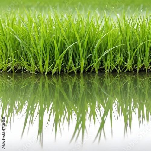 Lush green grass relected in a still pond on a white background photo