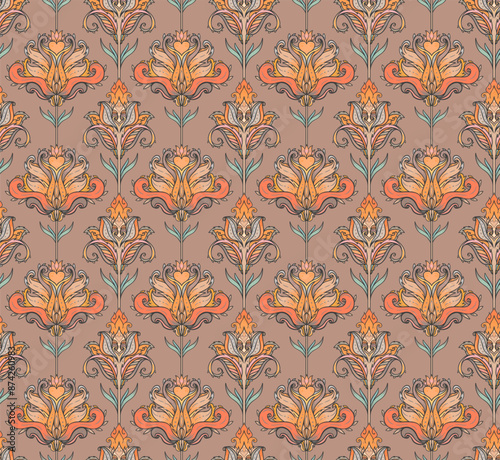 Floral colorful seamless pattern, retro 60s, 70s hippie style background. Vintage psychedelic textile, fabric, wrapping, wallpaper. Vector repeating illustration.