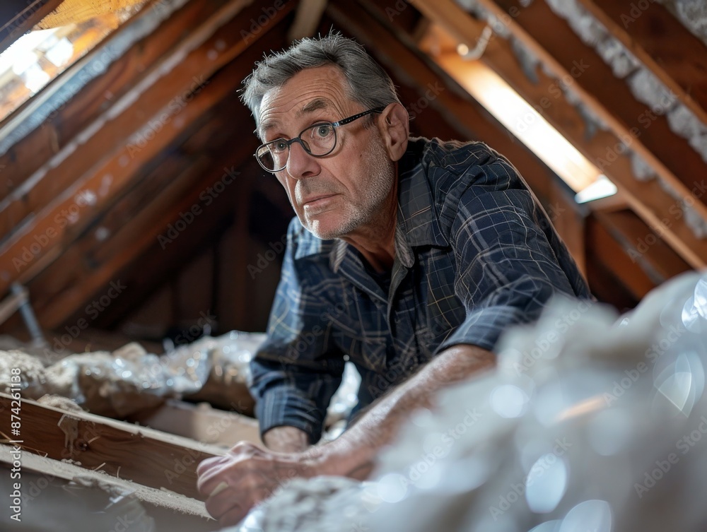 Mature Man Inspecting Attic Insulation With Concerned Look. Mature Man Inspecting Attic Insulation With Concerned Look.
