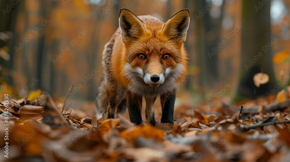 Fototapeta premium A fox peering out from a dense forest, surrounded by towering trees and a carpet of fallen leaves. The fox's alert gaze and the lush natural backdrop form an enchanting and vibrant tableau.