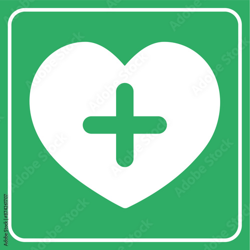 Minimalist vector art of heart with first aid symbol. heart green background. graphic of health, healing, well-being, help. symbol for hospitals, medicine, infirmary