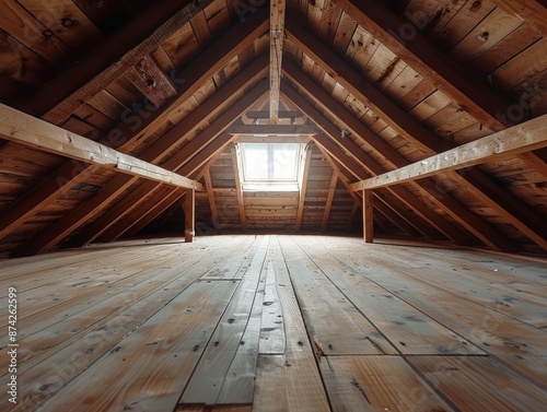 Rustic Wooden Attic Interior with Skylight and Wooden Floorboards.