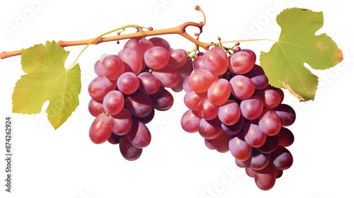 A cluster of grapes, plump and juicy, hanging from a vine