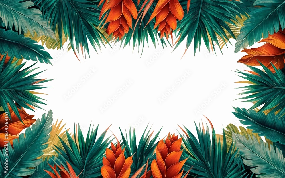 The picture is surrounded by tropical color full watercolor plants The picture is surrounded by tropical color full watercolor plants