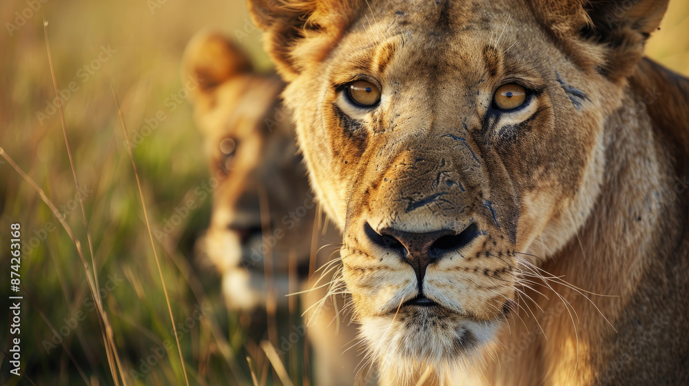 Fototapeta premium Close-Up Portraits of Lions in Their Natural Savanna Habitat