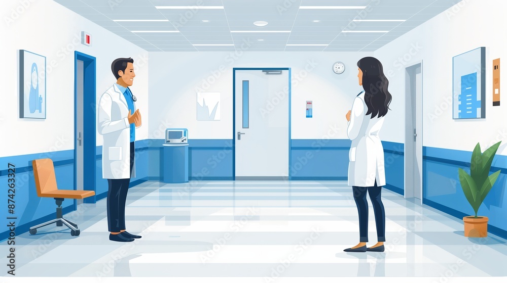 Two Doctors Standing In A Hospital Corridor During The Day Two Doctors Standing In A Hospital Corridor During The Day