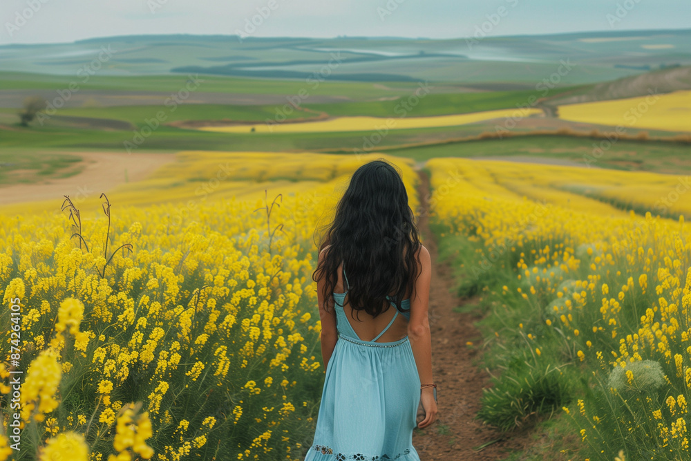 Fototapeta premium A Young Woman with Long Black Hair Wearing a Light Blue Dress Walking Down a Path in a Lush Yellow Flower Field with Rolling Hills in the Background, Capturing the Essence of Spring