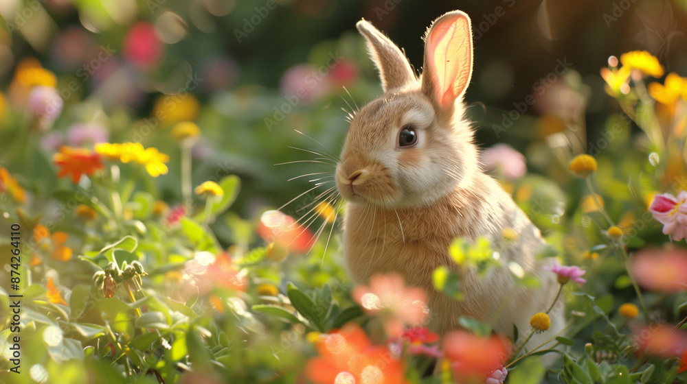 A sunlit garden hosts a fluffy rabbit among colorful flowers and greenery, lending a serene and cheerful ambiance with its soft fur.
A sunlit garden hosts a fluffy rabbit among colorful flowers and greenery, lending a serene and cheerful ambiance with its soft fur.