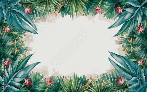 The picture is surrounded by tropical  color full watercolor plants