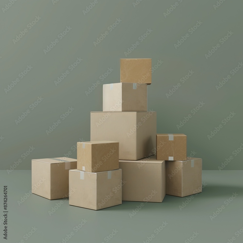 Stacked cardboard boxes of various sizes against a green background, symbolizing shipping, storage, moving, and organization. Stacked cardboard boxes of various sizes against a green background, symbolizing shipping, storage, moving, and organization.