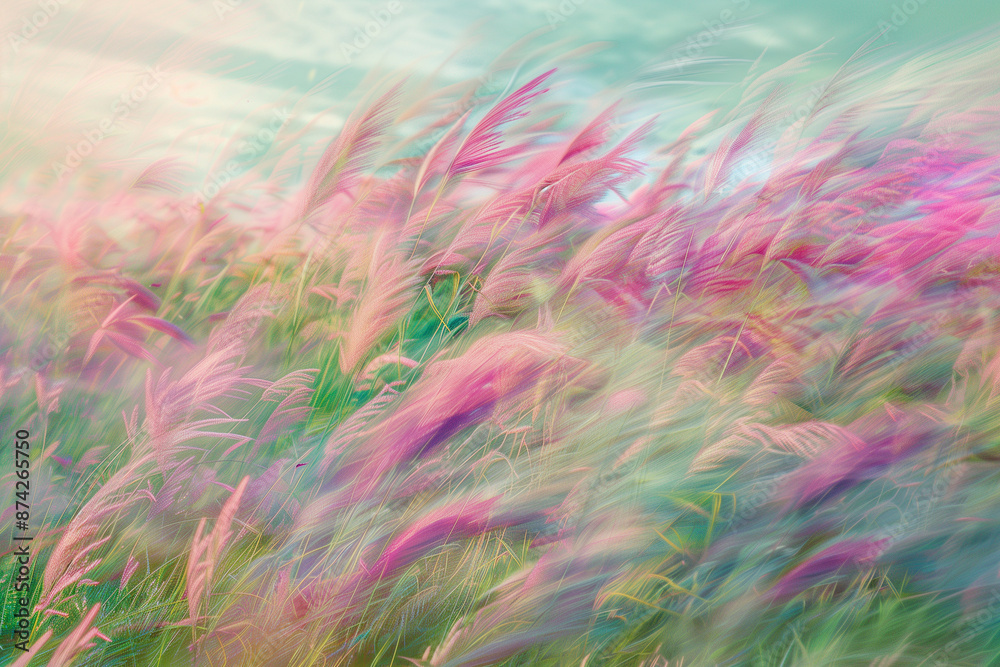 Fototapeta premium A Vibrant and Surreal Meadow of Blurred Pink and Green Grasses under a Dreamy Sky, Artistic and Ethereal Impression