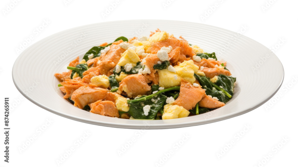 A photo of a salmon breakfast scramble, featuring scrambled eggs, diced salmon, spinach, and feta cheese A photo of a salmon breakfast scramble, featuring scrambled eggs, diced salmon, spinach, and feta cheese