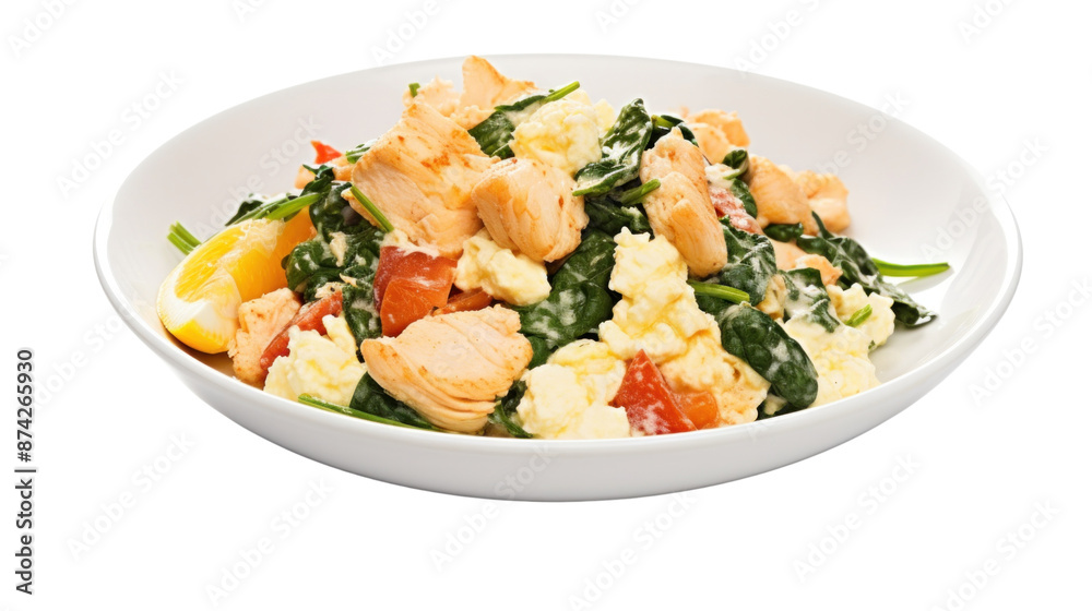 A photo of a salmon breakfast scramble, featuring scrambled eggs, diced salmon, spinach, and feta cheese A photo of a salmon breakfast scramble, featuring scrambled eggs, diced salmon, spinach, and feta cheese