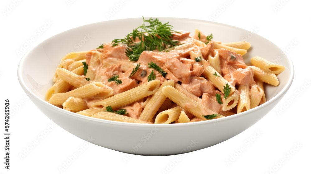 A photo of a creamy salmon pasta dish, featuring penne pasta tossed in a rich salmon sauce, garnished with fresh parsley A photo of a creamy salmon pasta dish, featuring penne pasta tossed in a rich salmon sauce, garnished with fresh parsley