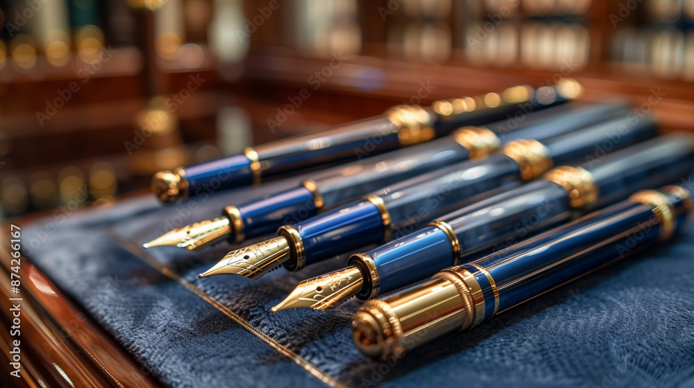 Display of elegant fountain pens on soft velvet against an antique wooden desk backdrop, showcasing their luxurious materials and exquisite design.
Display of elegant fountain pens on soft velvet against an antique wooden desk backdrop, showcasing their luxurious materials and exquisite design.