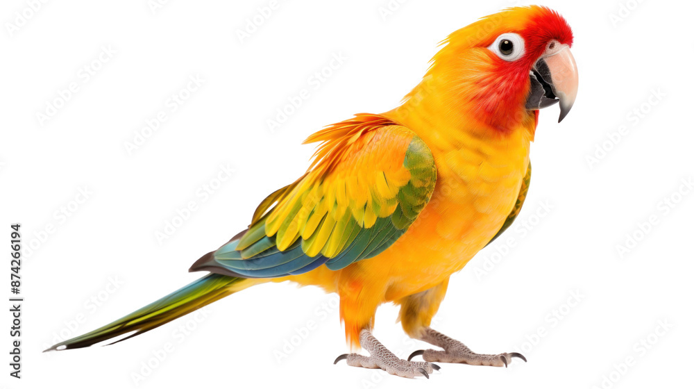 Obraz premium A mesmerizing sun conure parrot with its vibrant red, yellow, and blue plumage, its playful energy captured in a dynamic pose,