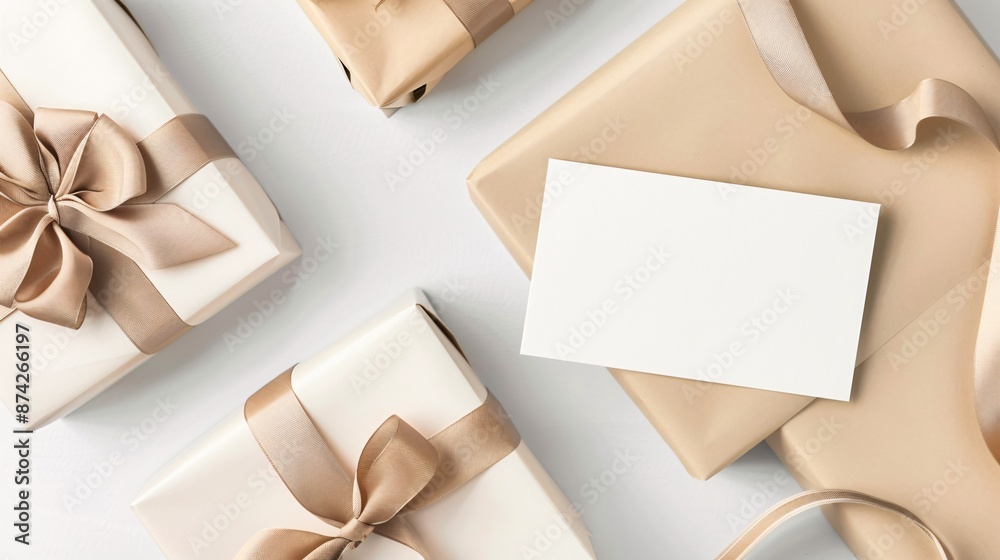 A top view pack shot of a beautifully wrapped gift box with an elegant ribbon, accompanied by a blank card on a clean white background. The arrangement showcases the craftsmanship of the wrapping and A top view pack shot of a beautifully wrapped gift box with an elegant ribbon, accompanied by a blank card on a clean white background. The arrangement showcases the craftsmanship of the wrapping and