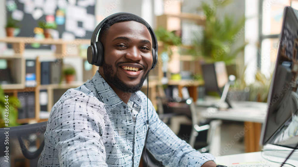 Obraz premium Happy young male customer support executive working in office.